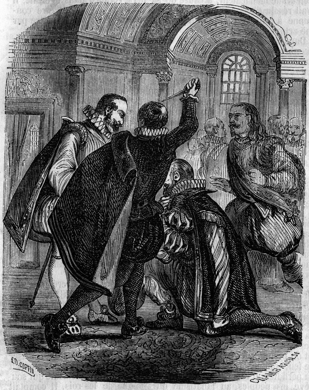 Jean Chastelin (Jean Chatel) (1575-1594) salamurhayritys Ranskan kuninkaaseen Henrik IV:ään 27. joulukuuta 1594. Kaiverrus 1800-luvulta. tekijältä French School