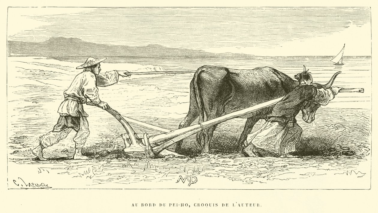 Au Bord du Pei-Ho, tekijän luonnos (kaiverrus). tekijältä French School