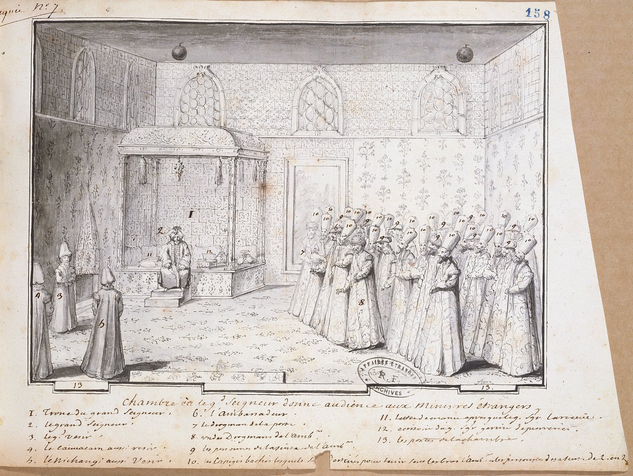 Konstantinopolin sulttaanin yleisöhuone suurlähettiläiden vastaanottamiseksi. 1717 tekijältä French School