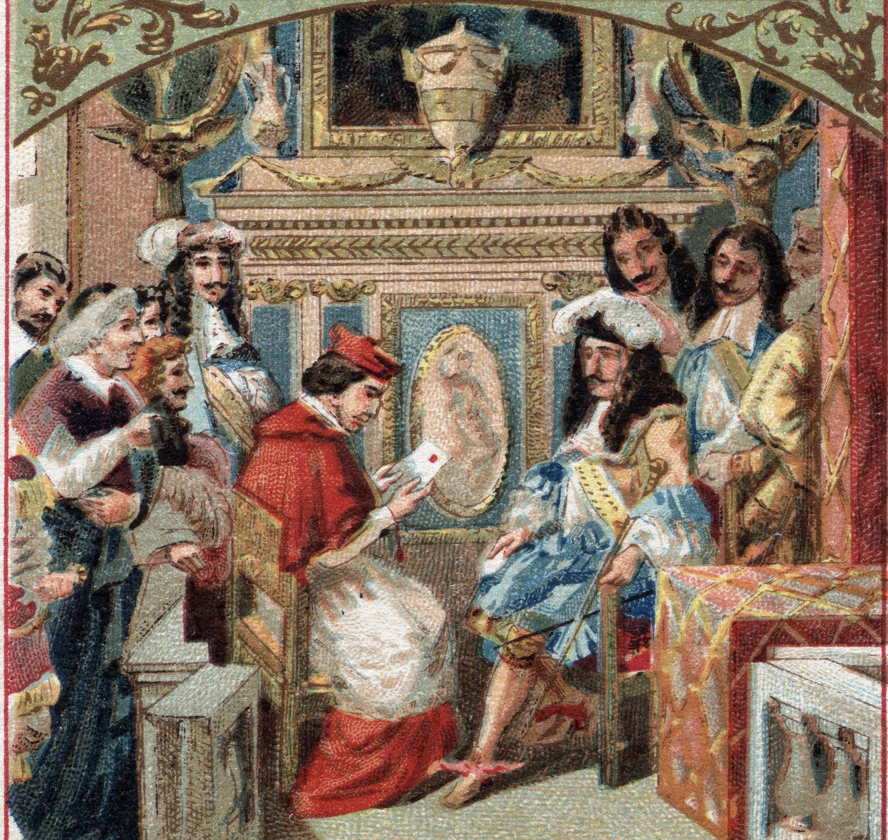 Yleisö annettiin Legatille kuninkaan huoneessa (Louis XIV?) Versaillesin linnassa. 1800-luvun lopun kromolitografia tekijältä French School
