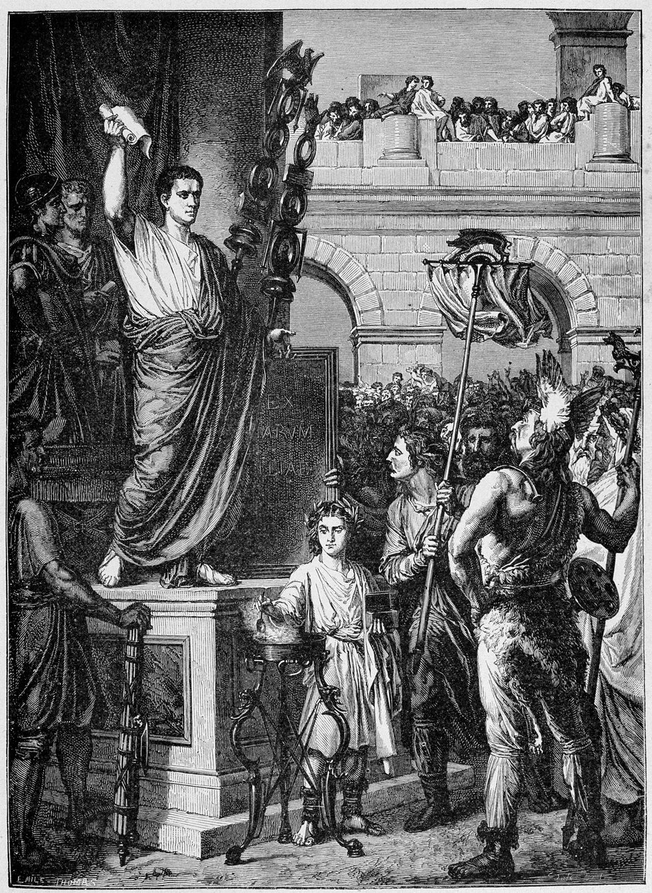 Augustus (Octavianus tai Octavianus) (63 eKr. - 14 jKr.) esittelee perustuslain kolmen Kelttiläisen Gallian provinssin kansanedustajille, jotka kokoontuivat Lyoniin (vuosi 10 jKr) - "Ranska ja ranskalaiset läpi vuosisatojen" tekijältä French School