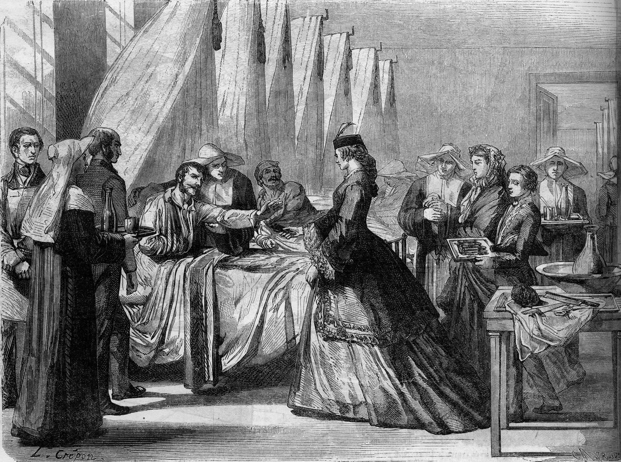 Itävallan ja Preussin sota (1866): Itävallan keisarinna Elisabeth (Sissi) (1837-1898) vierailee haavoittuneiden sotilaiden luona Wienissä. Kaiverrus "" Le Monde Illustré" -julkaisussa nro 486, 4. elokuuta tekijältä French School