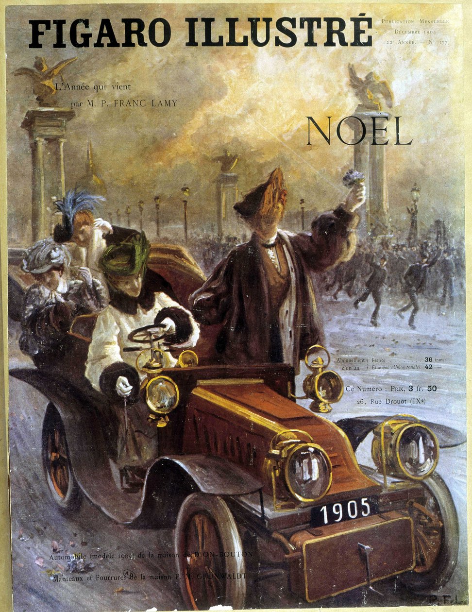 Automobile Dion-Bouton 1905 ja Grunwaldtin takit ja turkikset - elokuvassa "" Le Figaro Illustré", joulukuu 1904 tekijältä French School