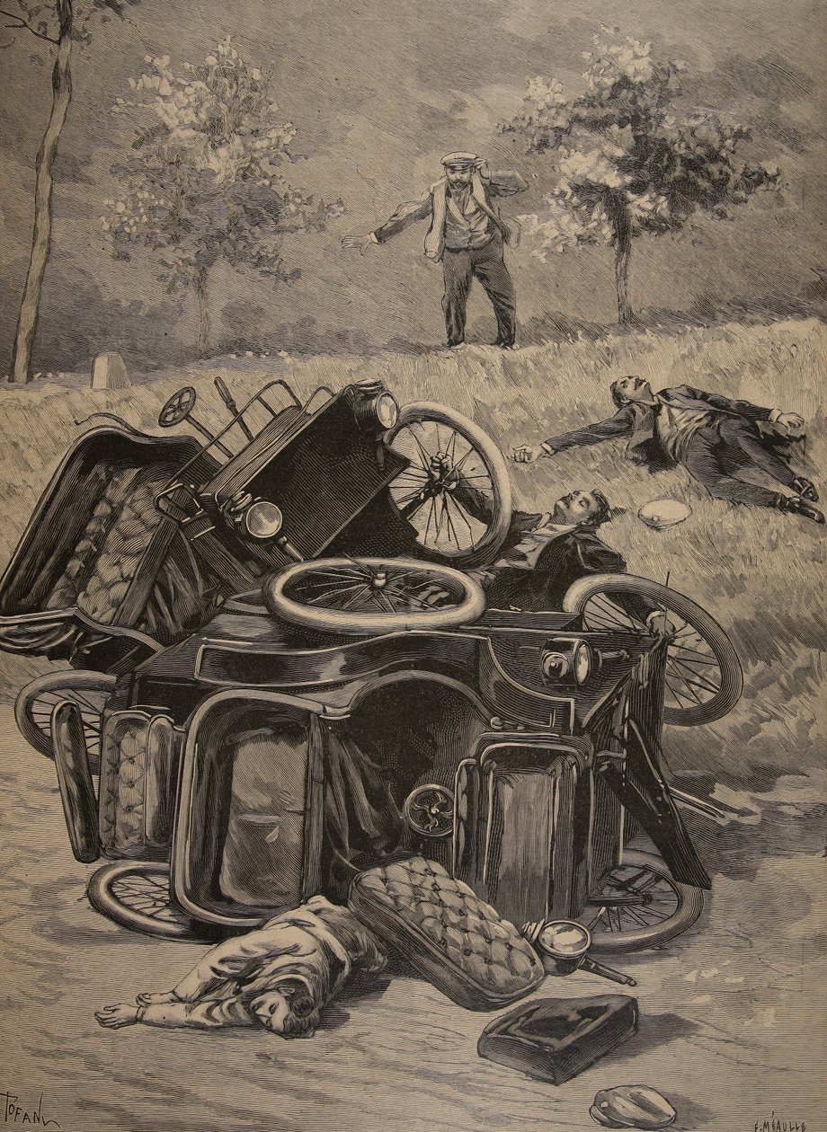 Auto-onnettomuus, kuvitus Le Petit Journalista: Supplement illustrates, 1898 tekijältä French School