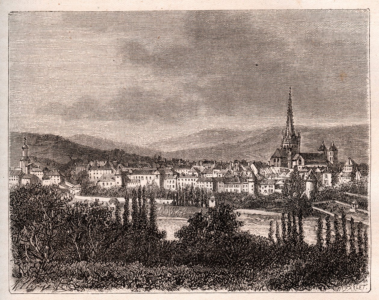 Autun - Saone-et-Loiren departementti - kaiverrus V.A. Malt-Brownin kirjaan "La France illustrée: maantiede, historia, tilastohallinto". 1884 tekijältä French School