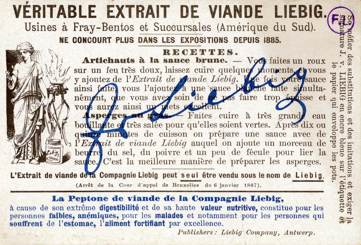 Liebig-kortin takaosa) artisokkien reseptillä ruskeakastikkeella. Mainonnan kromolitografia tekijältä French School