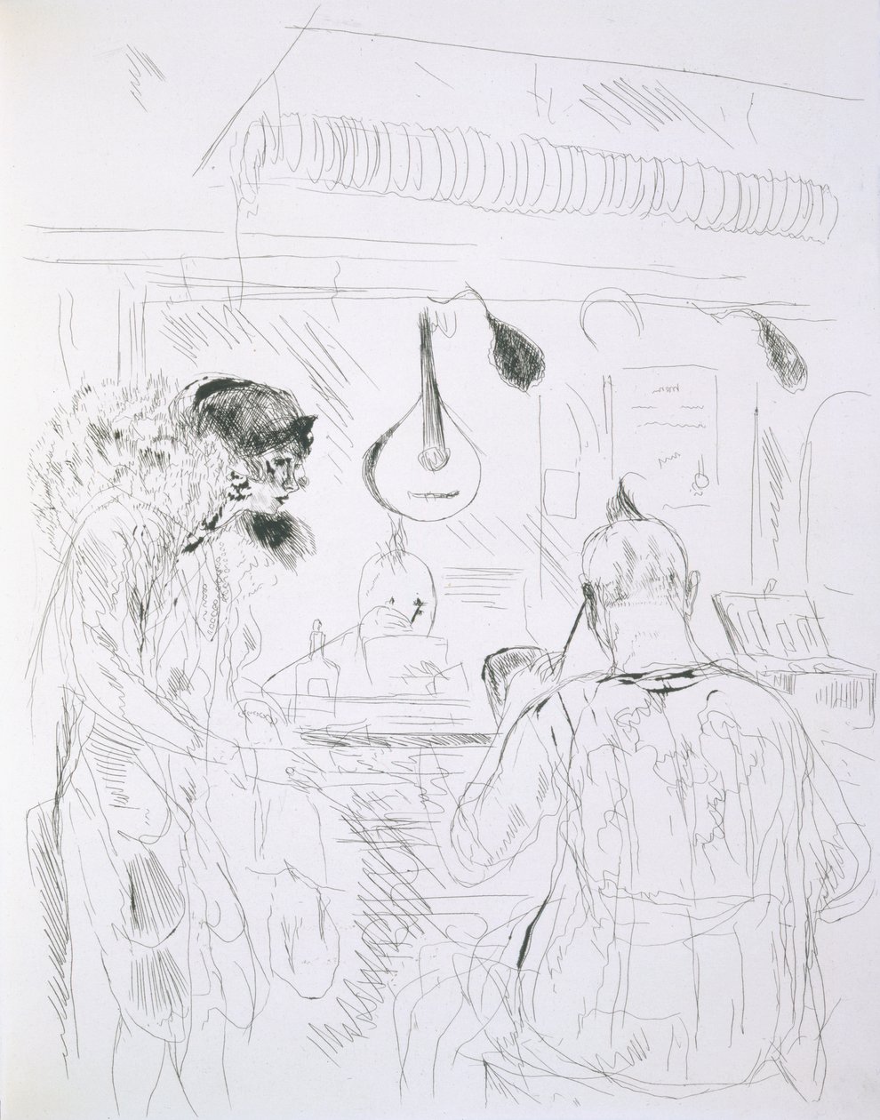 Kulissien takana oleva kohtaus Pariisin Bal de Nuitissa tai sirkuksessa, elokuvasta Paris Sketches: Etchings by Forain and Raffaelli, 1880 tekijältä French School