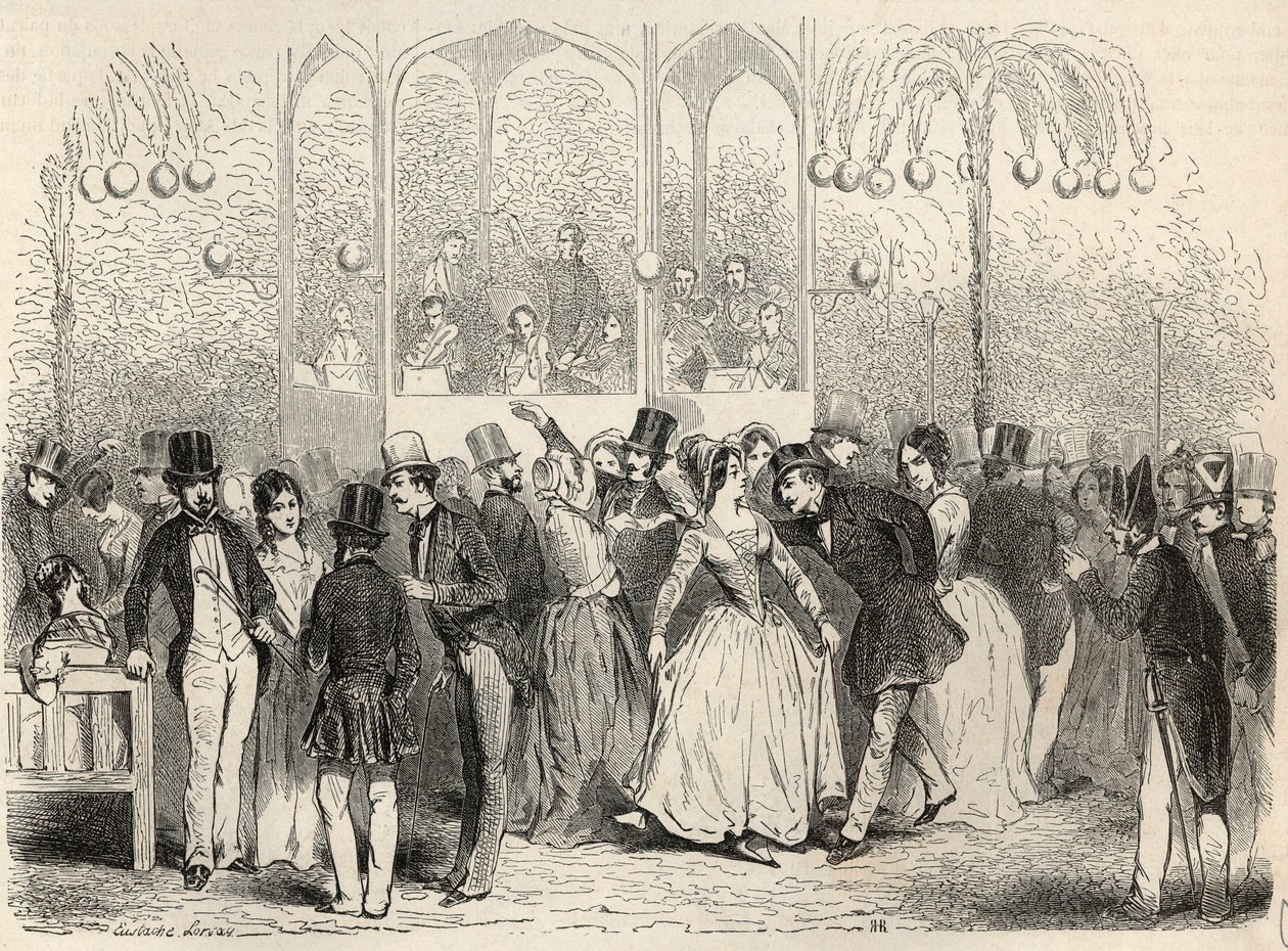 Bal Mabille (tanssi- ja huvilaitos, avenue Montaigne, Pariisi) Edmond Texierin kaiverrus "Tableau-de-Paris" 1852 tekijältä French School