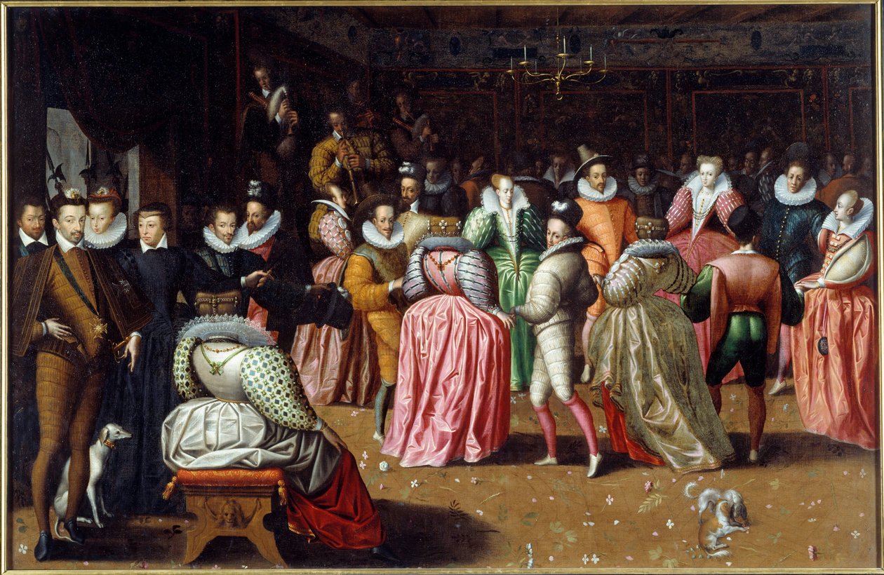 Bal kuningas Henrik III:n ja kuningatar Katariina de Mediciksen (Caterina de Medici) hovissa, joka tunnetaan Alenconin herttuan Balina. Hallitsijat ovat edustettuina vasemmalla, mukaan lukien kuningatar Margot (Margarita Navarran tai Valois (1553-1615). F: tekijältä French School