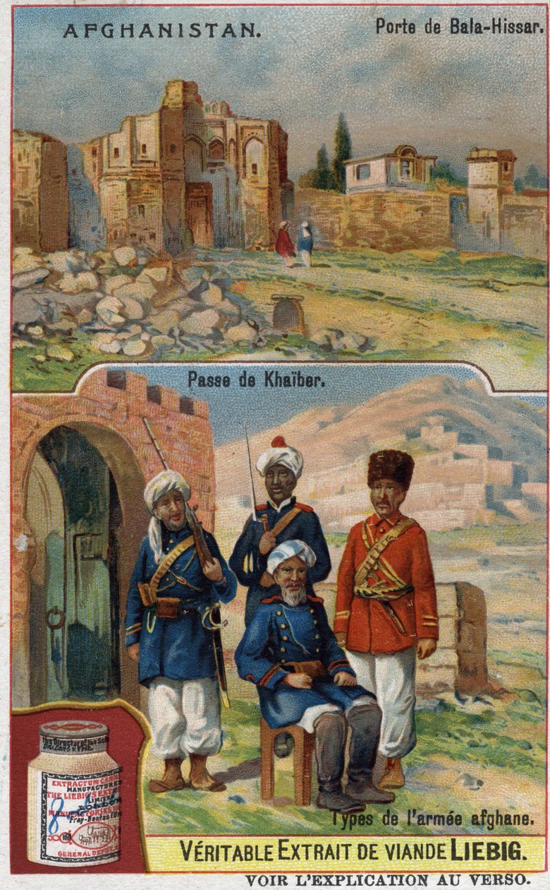Bala-Hissar Gate Afganistanissa ja Afganistanin armeijan sotilaat Khaiberin ylityspaikalla. Mainoskromolitografia 1800-luvulta. tekijältä French School