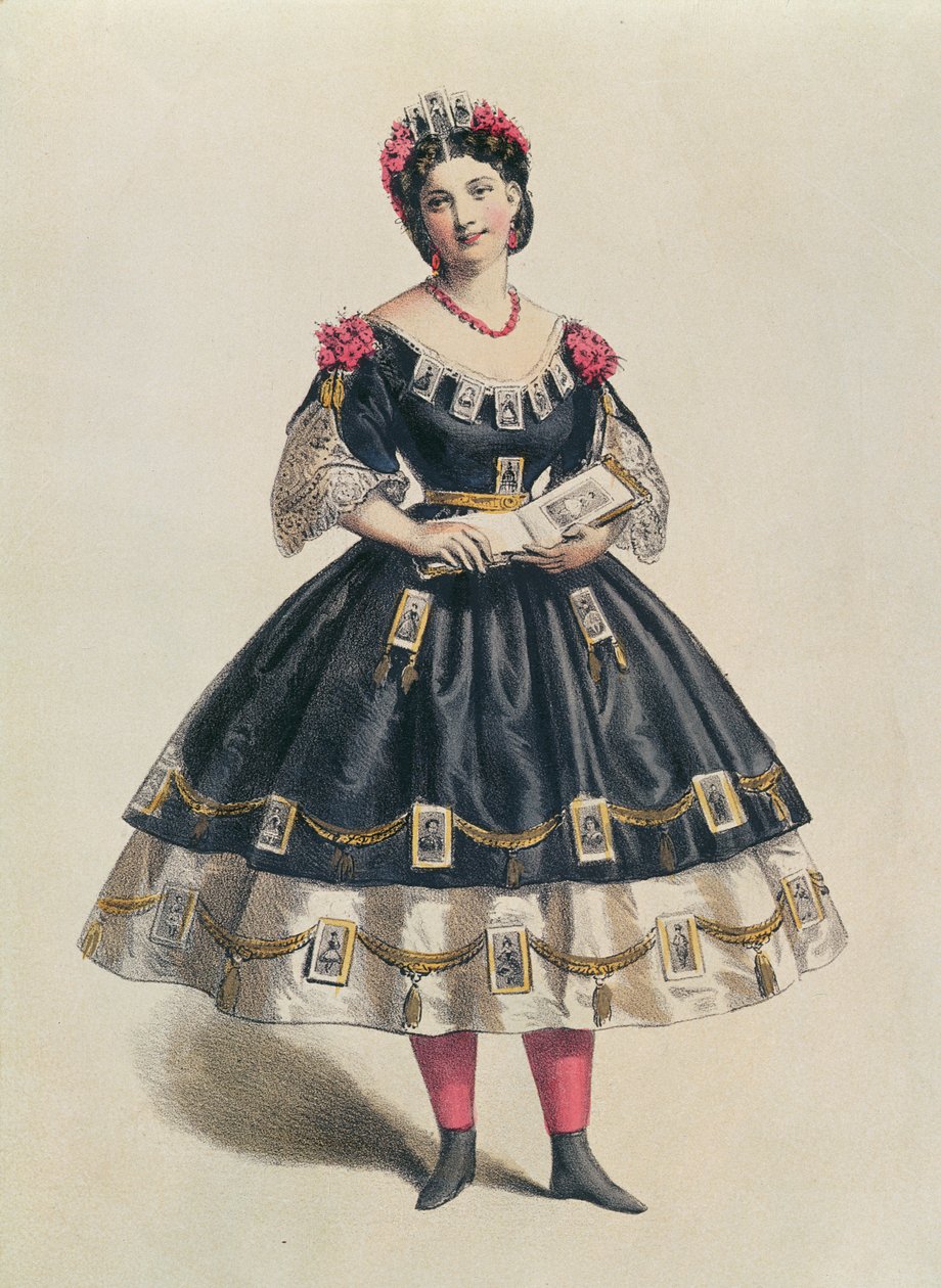 Valokuvauskartoilla koristeltu juhlapuku, n. 1860 tekijältä French School