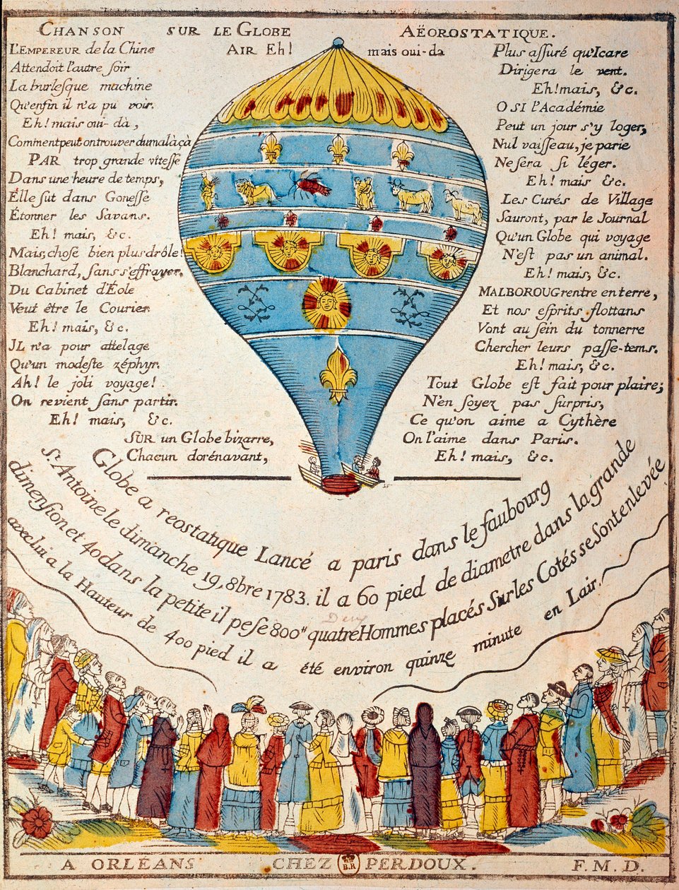Ilmapallolento: Montgolfierin veljesten kokemus 19. lokakuuta 1783 Monsieur Reveillonin puutarhassa, faubourg Saint Antoinessa Pariisissa. Aikakauden kaiverrus. Pariisi, B.N. tekijältä French School