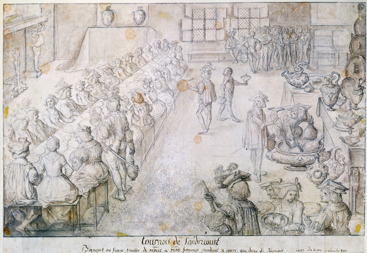 Juhla Sandricourt Tournamentissa vuonna 1493 (ruskea muste ja kynä paperille) tekijältä French School