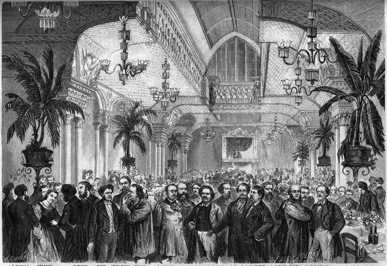 "Le Figaro" -lehden juhlajuhla, pidetty 6. helmikuuta 1864 Restaurant du Passage des Princes -salissa Pariisissa, johon osallistui toimittajia, kirjailijoita, taiteilijoita... Paikalla, vasemmalta oikealle: Nestor Roqueplan , rouva Ugalde , de Montaut, Pet tekijältä French School