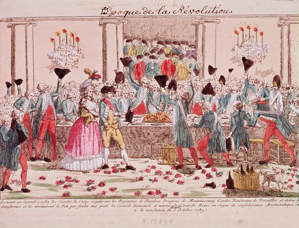 Kuninkaan henkivartijat pitivät 1. lokakuuta 1789 Flanderin rykmentin saapumisen tervetulleeksi (kaiverrus) tekijältä French School