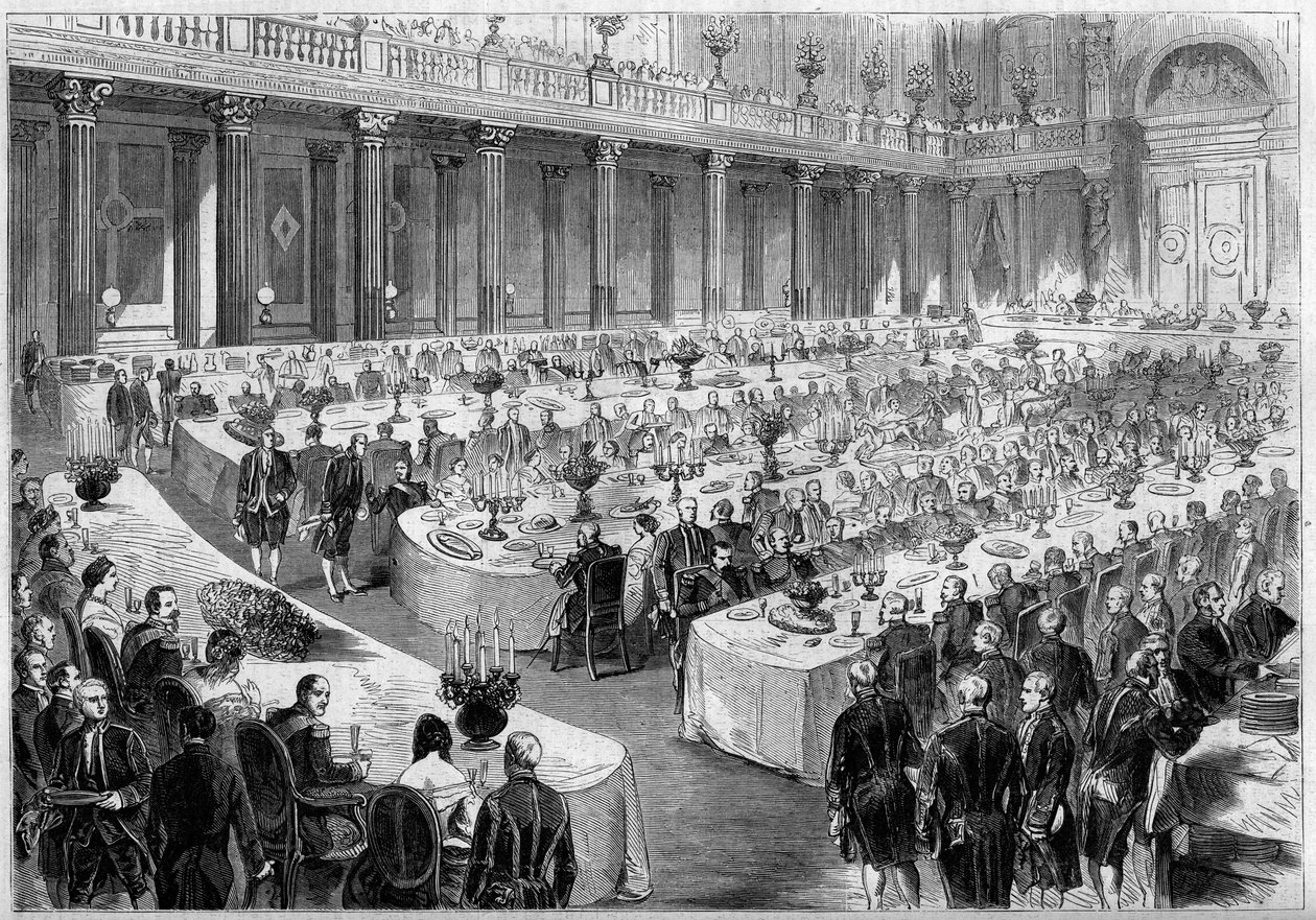 Napoleon III:n 14. elokuuta 1859 järjestämä juhlatilaisuus Denon-paviljongin osavaltiosalissa Louvressa (Pariisi) Italian armeijan sotilaiden kunniaksi heidän voiton jälkeen Risorgimentossa vuonna 1859. Kaiverrus "" Le Monde Illustréssa"" nro 124/27 tekijältä French School