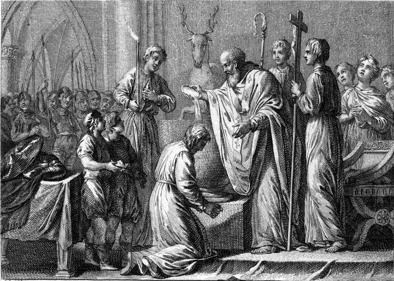 Cloviksen kaste 1., 25. joulukuuta 496: Saint Remi (437-533) kastaa frangien kuninkaan (466-511) Pyhän Martinin kirkossa. Kaiverrus 1700-luvulta. tekijältä French School