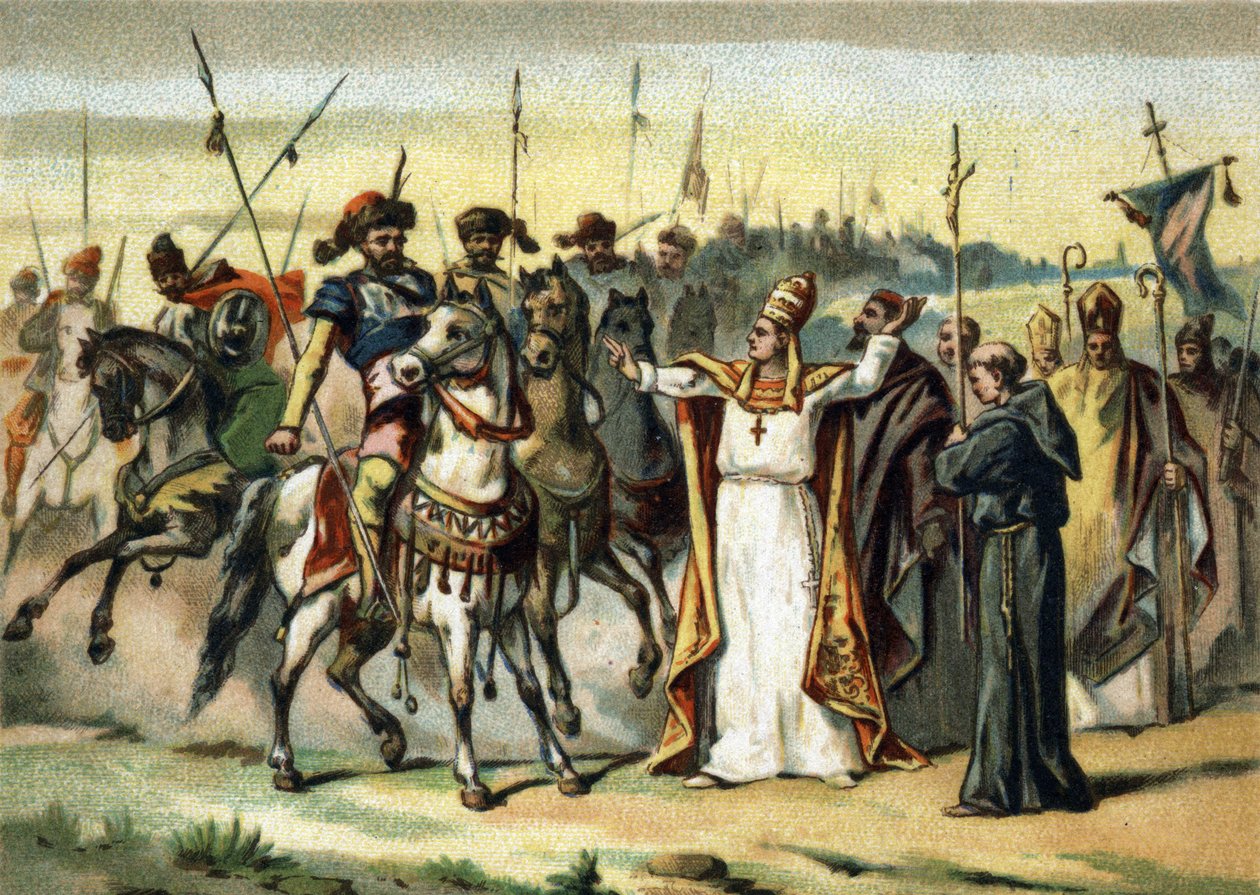 Barbaarien hyökkäykset - Attila ja Saint Leon I Suuri (440-461): barbaari Attila, hunnikansan johtaja, tapaa paavi Saint Leon Suuren, joka onnistui vakuuttamaan hänet säästämään Italian. 1800-luvun lopun kromolitografia tekijältä French School