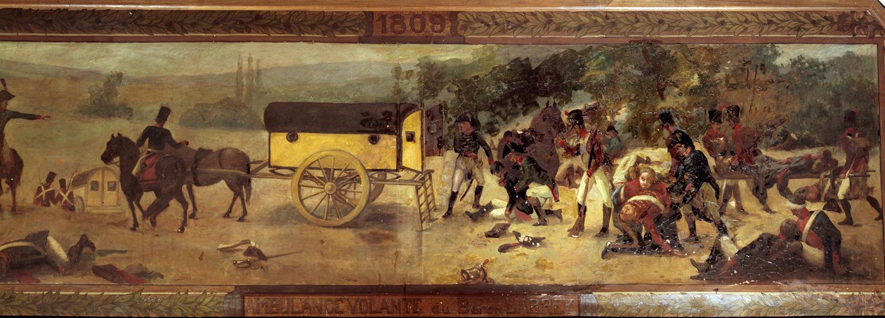 Paroni Larreyn lentävä ambulanssi (Dominique Jean, Baron Larrey 1766 - 1842) vuonna 1809 Nimetön maalaus 1800-luvun ranskalaisesta koulusta. 1809 Pariisi, Val de Gracen museo tekijältä French School