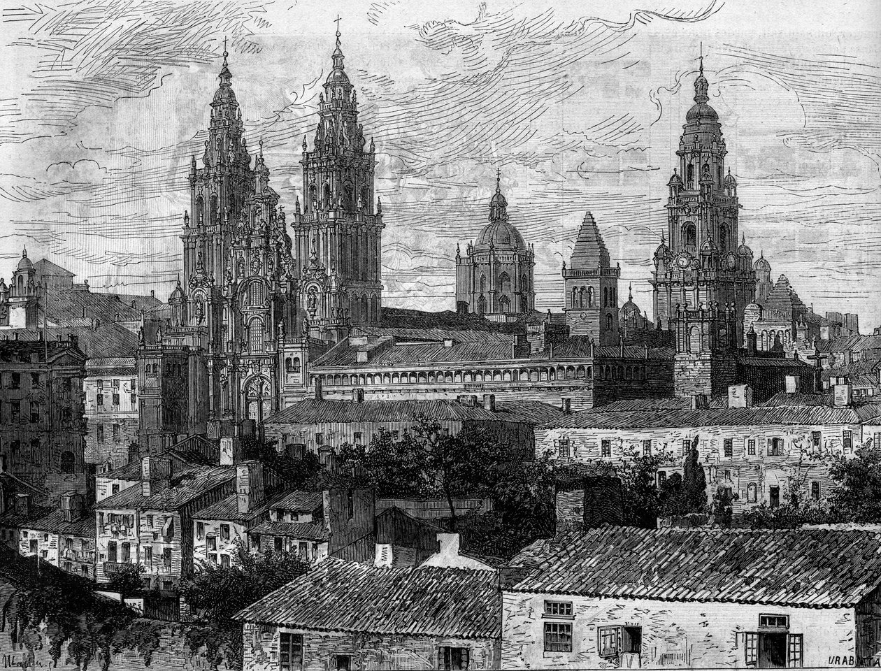 Barokkitide: näkymä Santiago de Compostelan katedraalille (Santiago de Compostela). Espanja. Kaiverrus "" Le Monde Illustré" -julkaisussa nro 1220, 14. elokuuta 1880. tekijältä French School