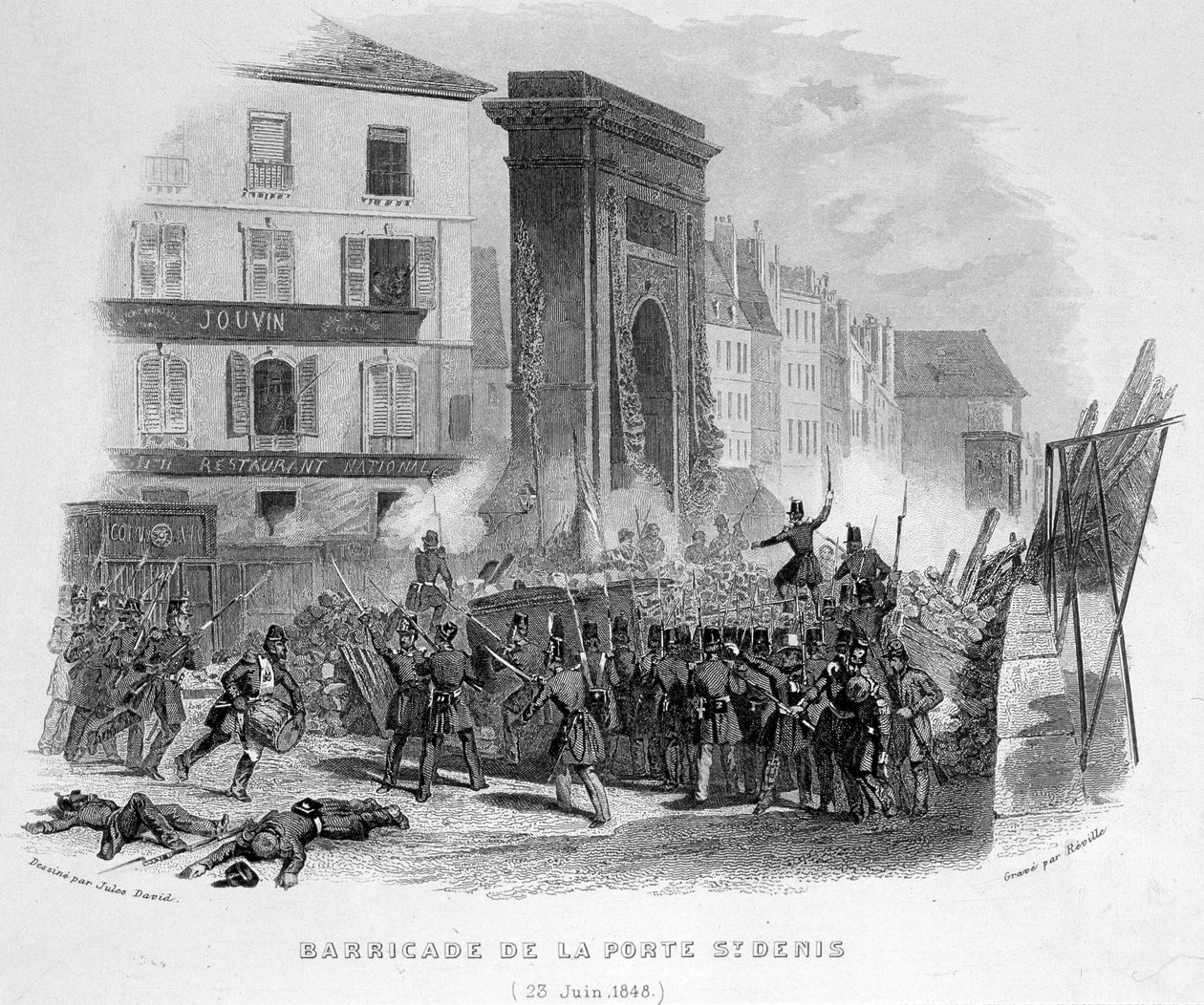Porte Saint Denisin barrikadi (23. kesäkuuta 1848) - Fasttes de Gardes Nationales de Francessa" tekijältä French School