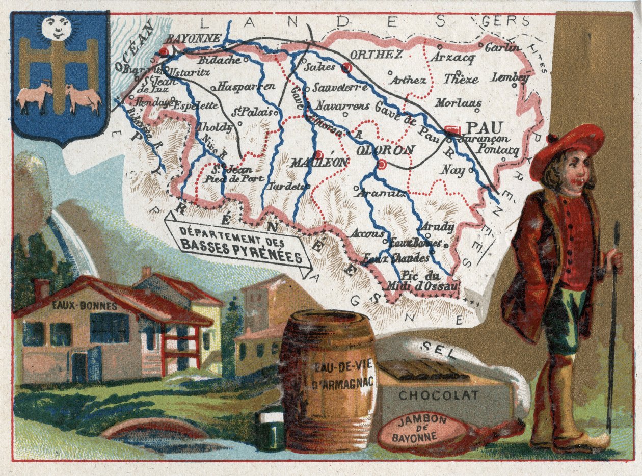 Tukikohdat Pyreneet, nykyään Pyrenees-Atlantiques (Pyrenees Atlantiques, 64), Aquitaine, Ranska. Eau-bonnesin lämpökylpylä (vesi hyvä), Armagnac brandy, suklaa, suola ja bayonnekinkku. Sarja Ranskan departementeista. Kromolitografia (Chromo)" tekijältä French School