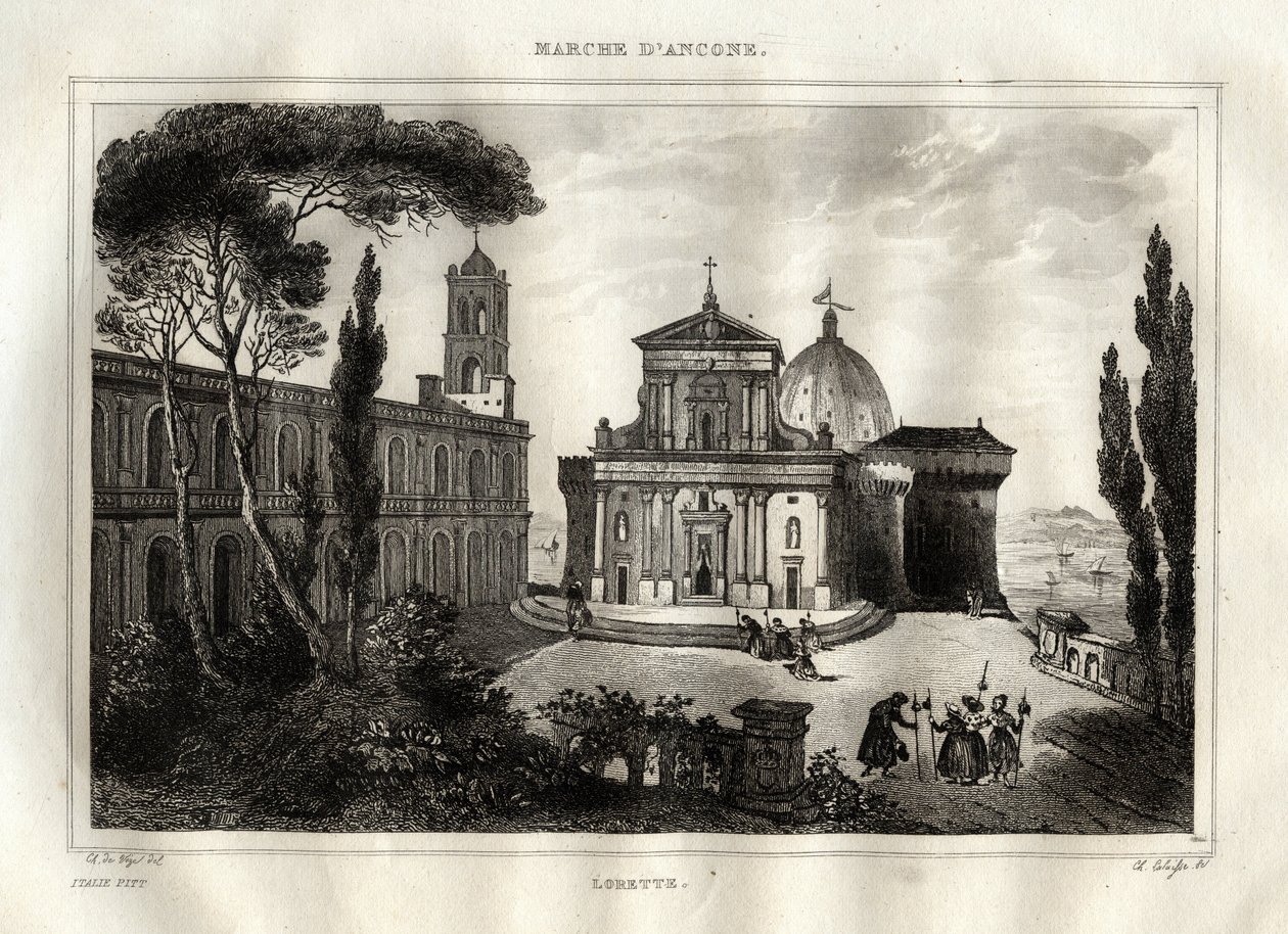 Basilica della Santa Casa - Loreto - Loretten pyhäkkö - Loreto - Loreton Neitsyt Marian basilika - Loreton pyhä talo tai Nasaretin talo - Kaiverrus "" Maalauksellisesta Italiasta"" - Italian historiallinen ja kuvaava maalaus", kirjoittaja M. de Norvins, Ch tekijältä French School