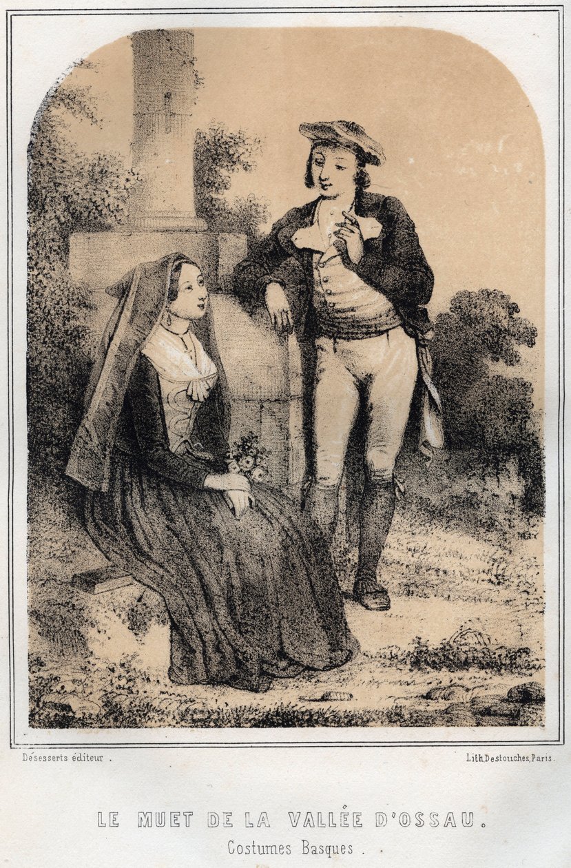Baskilaiset puvut - Ossaun laakson mykkä - MORING MICHELin kaiverrus "Les soirees de mon uncle souvenirs et recits de voyages" - 1800-luvun loppu tekijältä French School