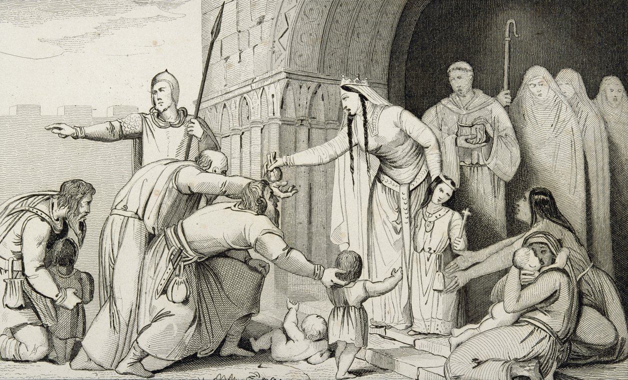 Bathilda antaa rahaa köyhille, Colartin "Histoire de France" -teoksesta, julkaistu noin vuonna 1840. tekijältä French School