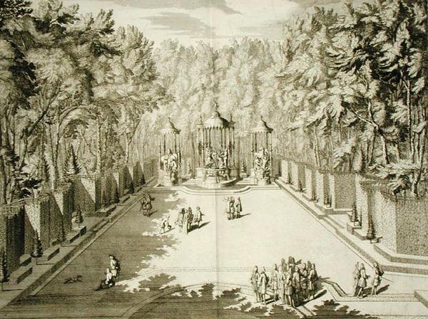 Apollon kylpylät, Versailles, teoksesta "Les Plans, Profils et Elevations des Ville et Chateau de Versailles", julkaistu noin 1715 (kaiverrus). tekijältä French School