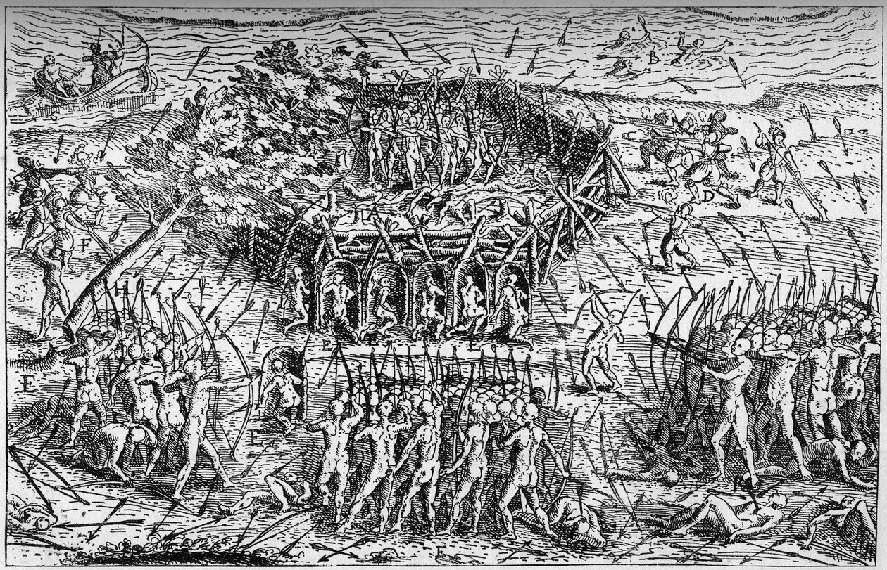 Taistelu ranskalaisen Samuel de Champlainin (noin 1567-1635) ja irokeesien välillä. Kanada, 1600-luvun alku. Kaiverrus kirjaan "La Marine et les colonies: commerce" tekijältä French School
