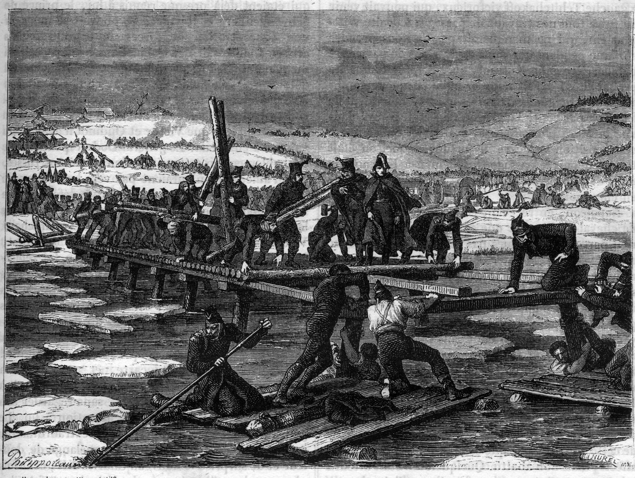 Berezinan taistelu, 26.-29.11.1812, katastrofaalinen tappio Napoleonille hänen vetäytyessään Venäjältä - Venäjän kampanja, vetäytyminen: Suuren Armeen siltasappöörit rakentavat kaksi siltaa Berezinan yli G:n vastuulla. tekijältä French School