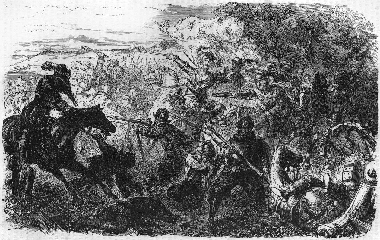 Coutrasin taistelu vuonna 1587, voitti Henri de Navarre, tuleva Henrik IV. Teoksessa ""Popular History of France"", nd. noin 1885. Kaiverrus. tekijältä French School