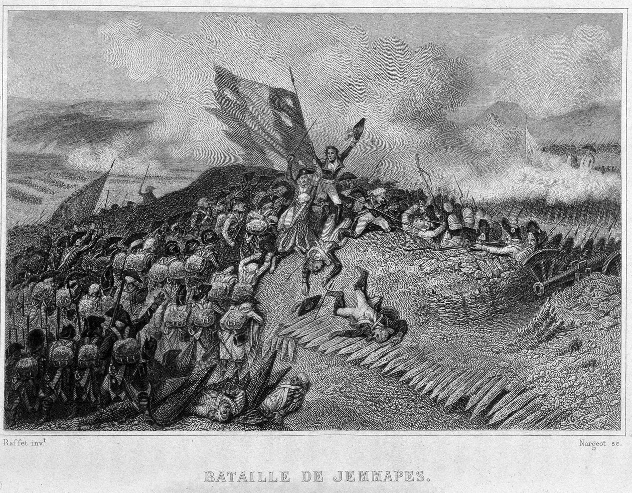 Jemappesin taistelu vuonna 1792 (ranskalaisten voitto, komentaja Dumouriez) - Thiersin ""Revolution francaise" -kirjassa. 1800-luvulla tekijältä French School