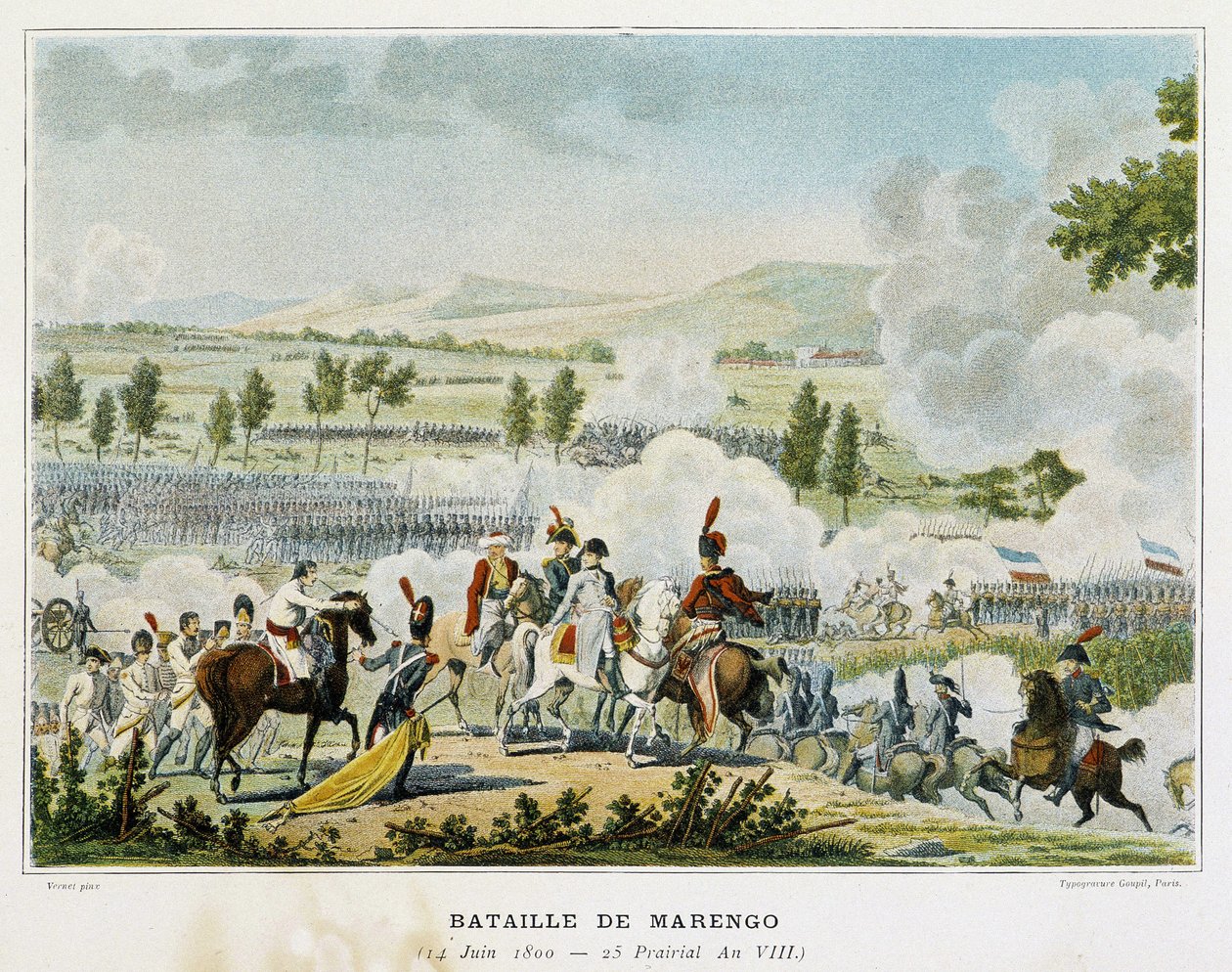 Marengon taistelu (Piemont - Italia) 14. kesäkuuta 1800, jonka aikana Bonaparte voitti itävaltalaiset. tekijältä French School