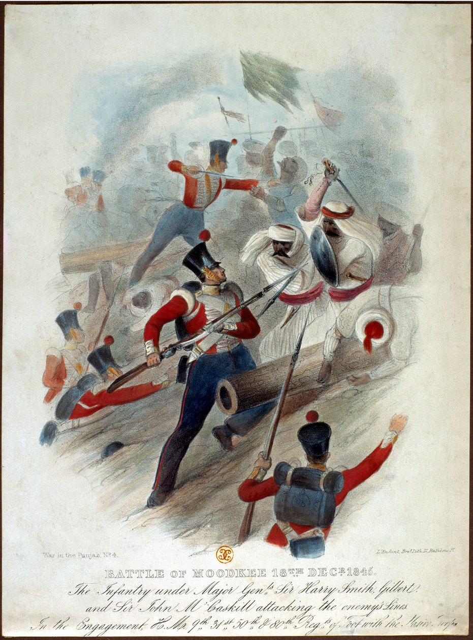 Moodkeen taistelu, 18. joulukuuta 1845, nro 4 War in the Punjabista, kaivertanut W. Kohler LEnfant Bros.:n mukaan, julkaisija William Spooner, n. 1845 tekijältä French School