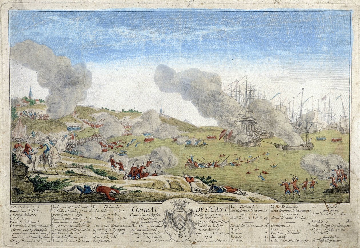 Saint Castin taistelu, jonka aikana Bretagnen ranskalaiset joukot voittivat englantilaiset vuonna 1758. Kuva säilytetty Dinanin museossa. tekijältä French School