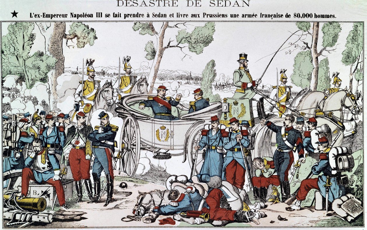 Sedanin taistelu vuonna 1870. Entinen keisari Napoleon III jää kiinni Sedanissa ja toimittaa preussille 80 000 miehen ranskalaisen armeijan, kuva selkärangasta. tekijältä French School