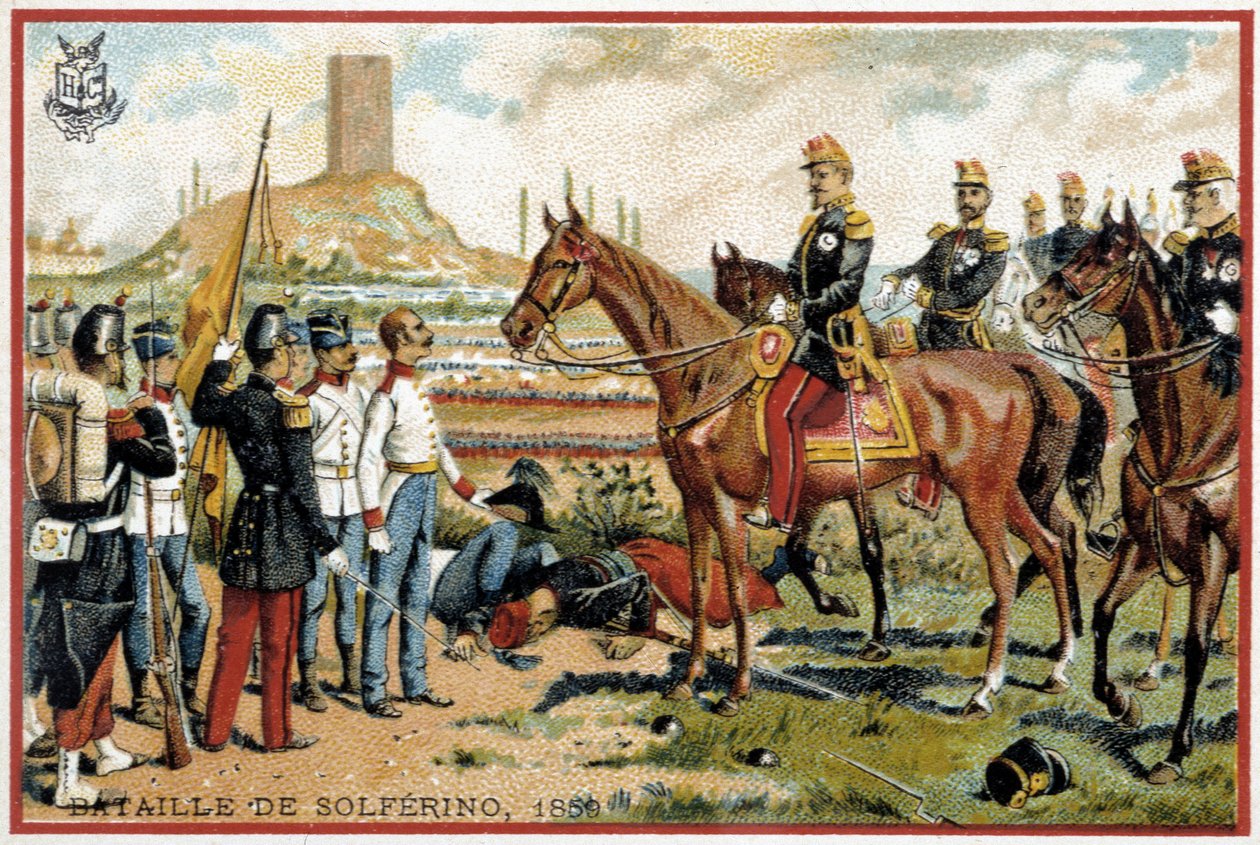 Solferinon taistelu: Voitto Solferinon taistelussa itävaltalaisia vastaan vuonna 1859 - Forey-divisioona. Liebig Kromolitografia tekijältä French School