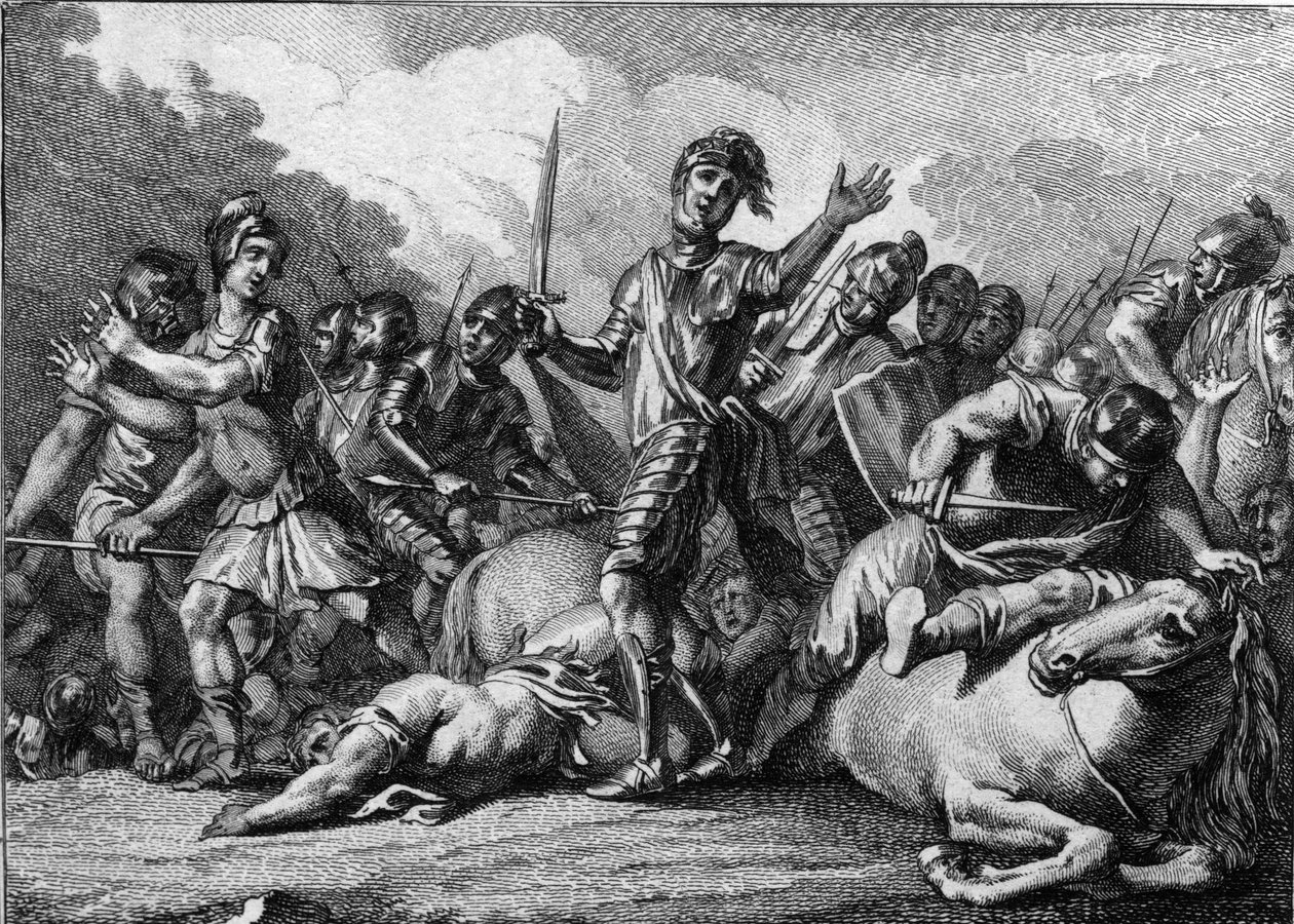 Tolbiacin taistelu, 496: Clovis 1st (466-511), frankkien kuningas, pyytää Jumalan apua alamaanien germaanisen heimon voittamiseksi. Kaiverrus 1700-luvulta. tekijältä French School