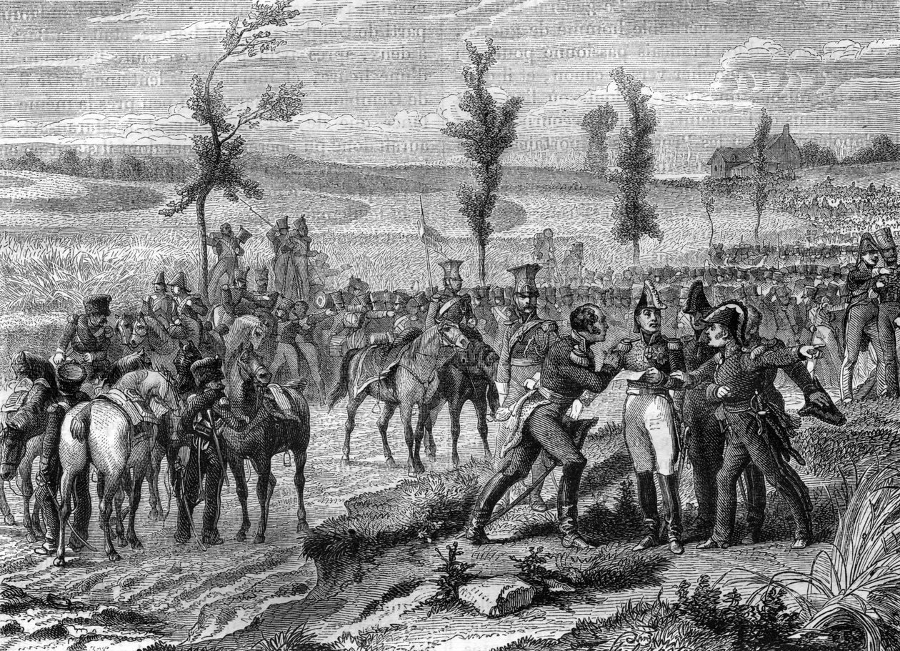 Waterloon taistelu, seitsemännen liittouman sota vuonna 1815, kuva Adolphe Thiersin teoksesta "Imperiumin historia konsulaatin historiaa seuranneesta" tekijältä French School