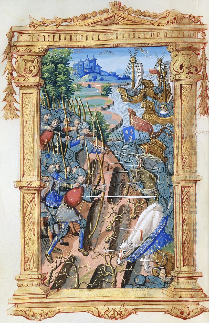 Taistelukohta jousimiesten ja ratsuväen välillä, linna ja laivoja, n. 1495-1500 tekijältä French School