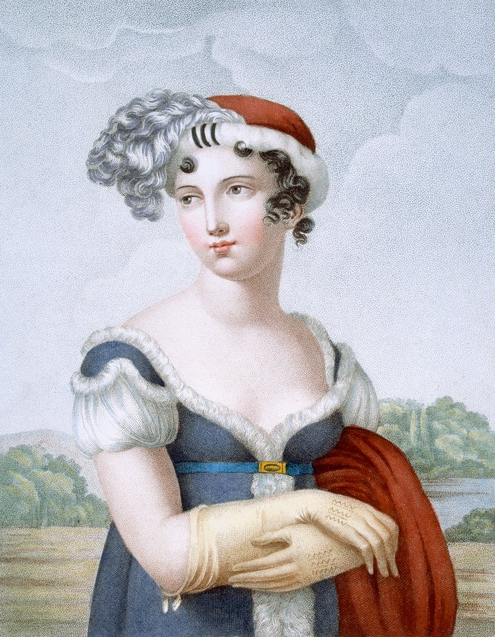 Kaunis nainen, joka on pukeutunut polonees-tyyliin, kaiverrus L. Dibart tekijältä French School