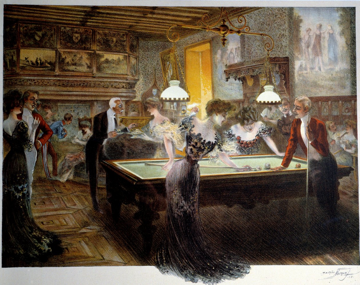 Kaunis ajanjakso: biljardipeli, 1900-luvun alku (litografia) tekijältä French School