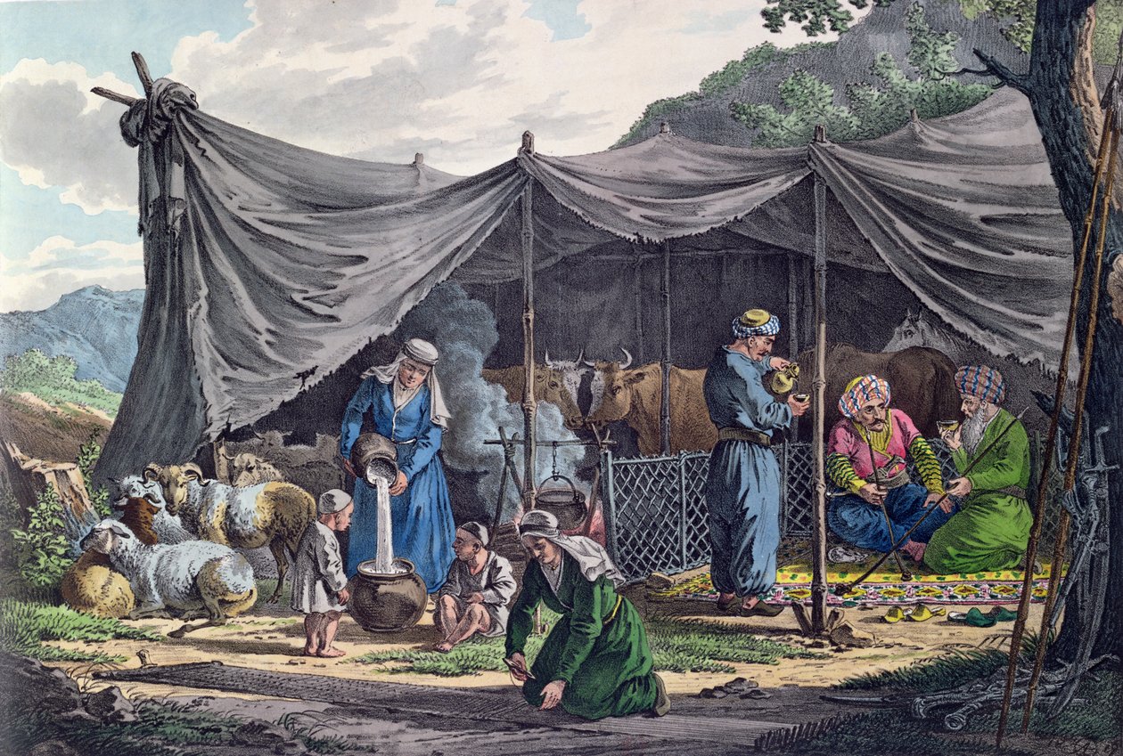 Beduiinileiri Libanonissa, 1800-luvun alku (värikaiverrus) tekijältä French School