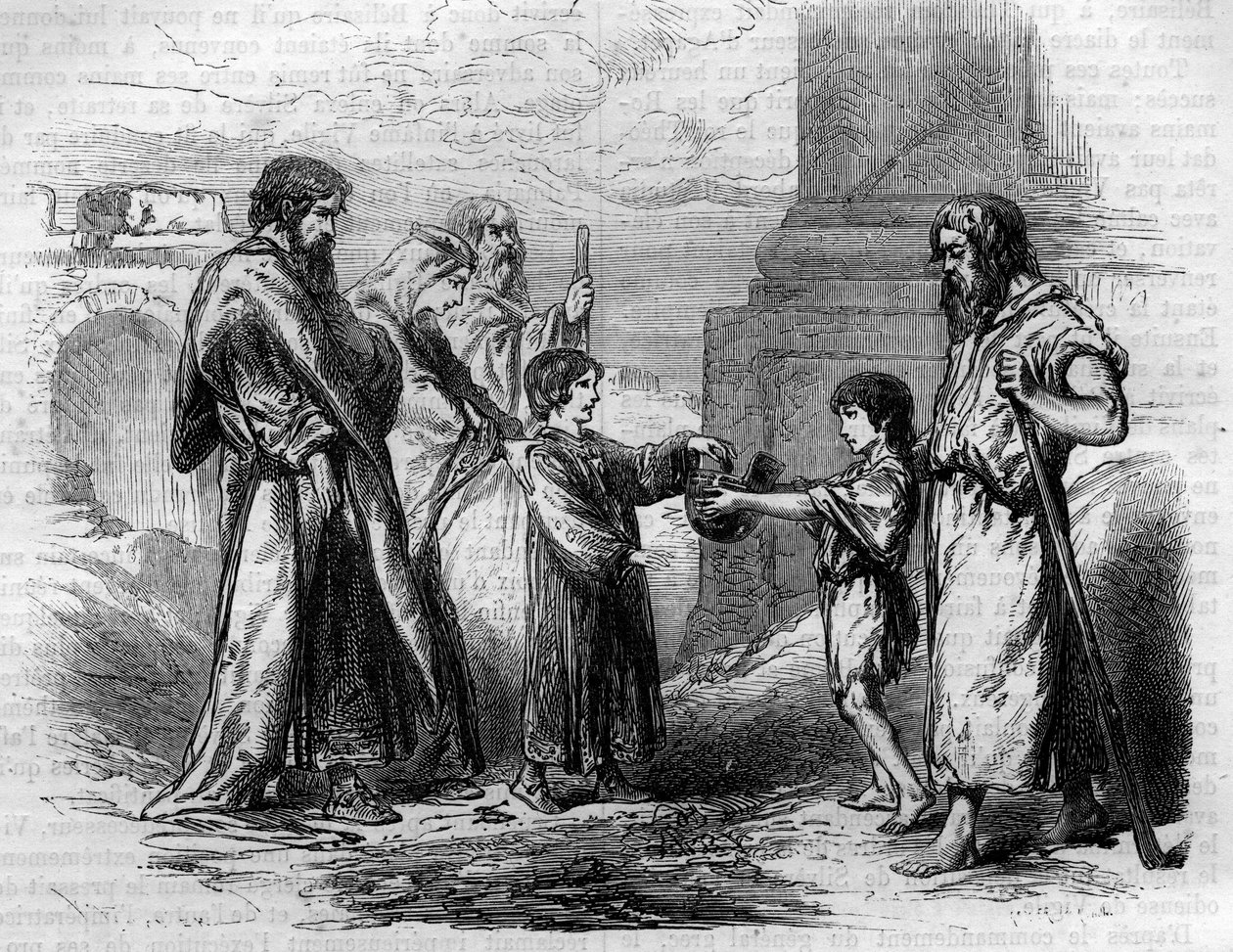 Belisaire (v.500-565) sokea ja kerjäävä Justinianuksen käskystä, jolle hän oli antanut kultaa ja myyntimaan. Maurice Lachatren kaiverrus "Histoire des Papes-Rois-Queen and Empereurs a travers les centuries" tekijältä French School