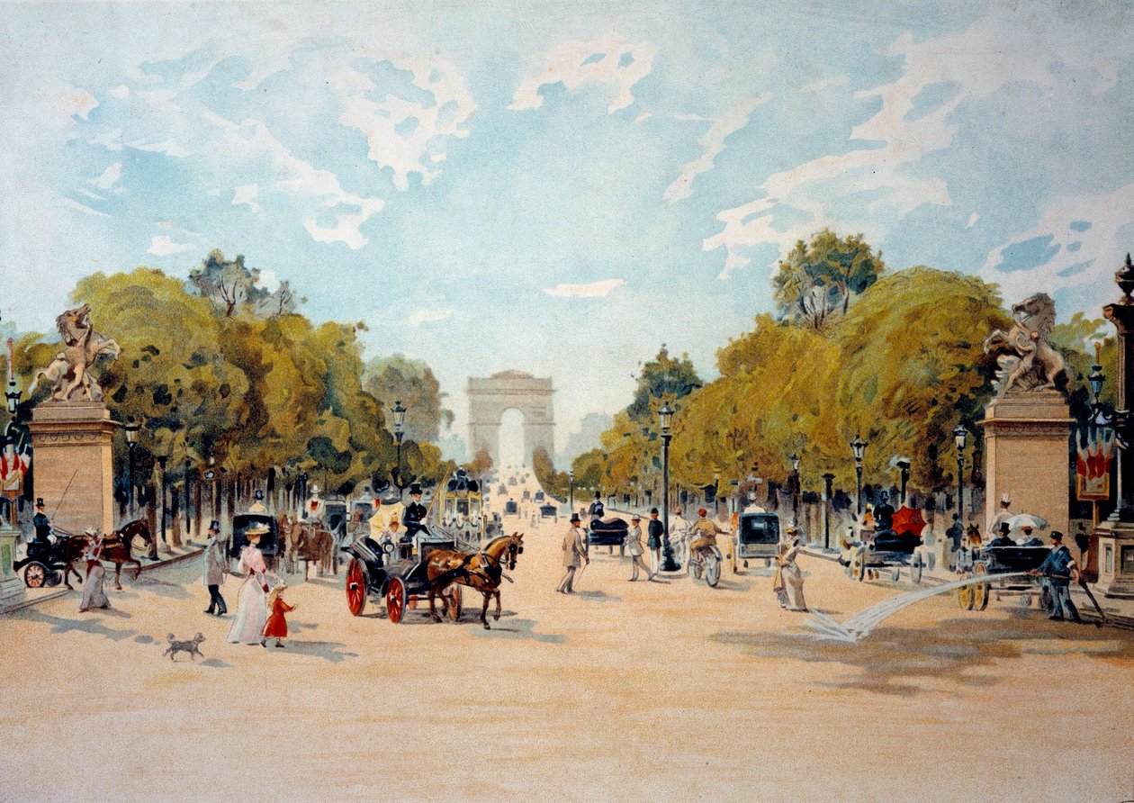 Belle Epoque: näkymä Avenue des Champs Elyseesille ja Riemukaarelle Pariisissa. Nimetön akvarelli vuodelta 1895. Paris, Decorative Arts tekijältä French School