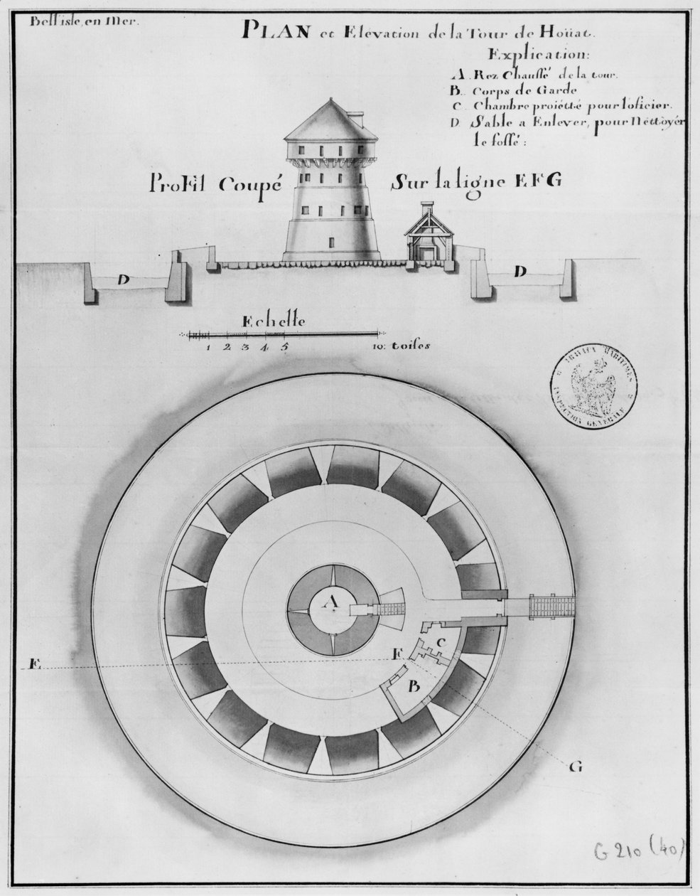 Belle Isle en Mer, Houatin tornin suunnitelma ja korkeus, 1745 (kynä, muste ja w:c paperilla) tekijältä French School
