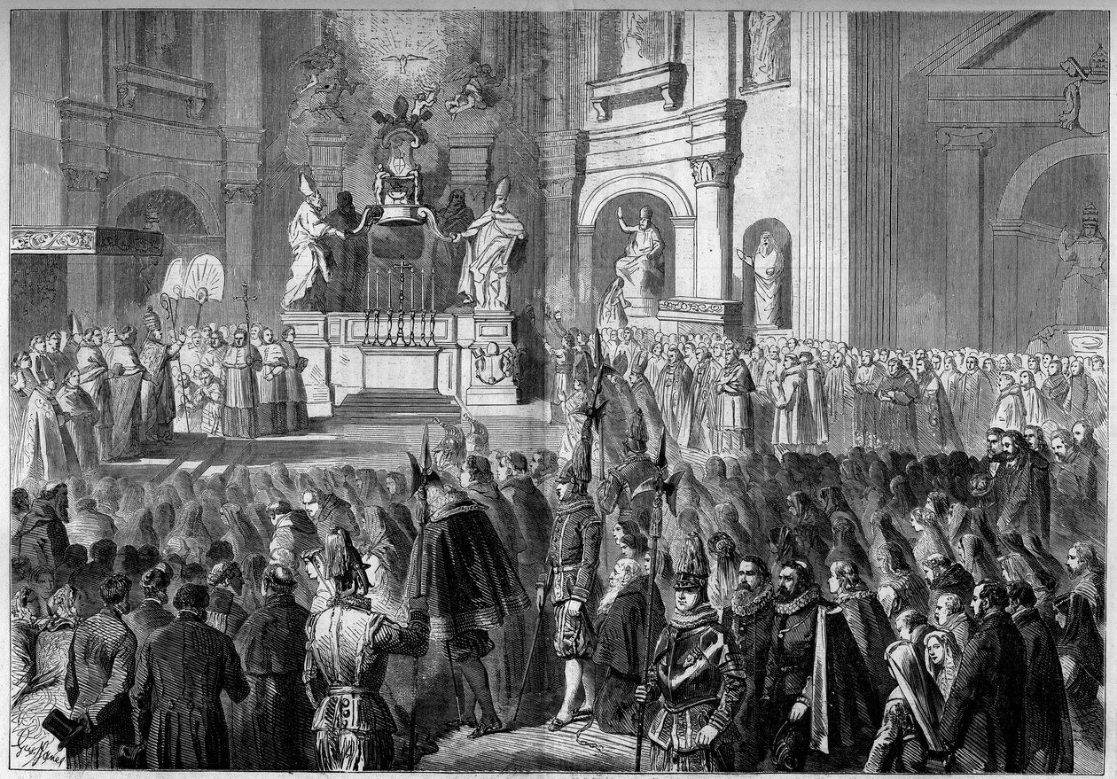 Paavi Pius IX:n (1792-1878) siunaus Rooman Pyhän Pietarin kirkon saarnatuolin alttarille restauroinnin jälkeen. Gianlorenzo Bernini (Bernini) rakentama alttarin vuosina 1656-1658 tekijältä French School
