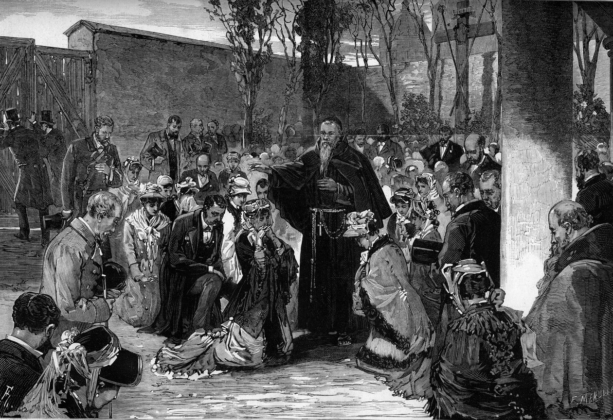 Uskovien siunaus kapusiinien hovissa rue de la Sante -kadulla Pariisissa 30. lokakuuta 1880, ennen kuin he karkotettiin Jules Ferryn maaliskuussa 1880 antamien määräysten seurauksena, jotka poistivat oikeuden opettaa luvattoman uskonnon jäseniä. tekijältä French School
